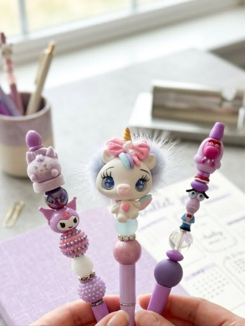 Set of 3 Handmade Kuromi Kawaii Pens • Sanrio Stylus Pen.